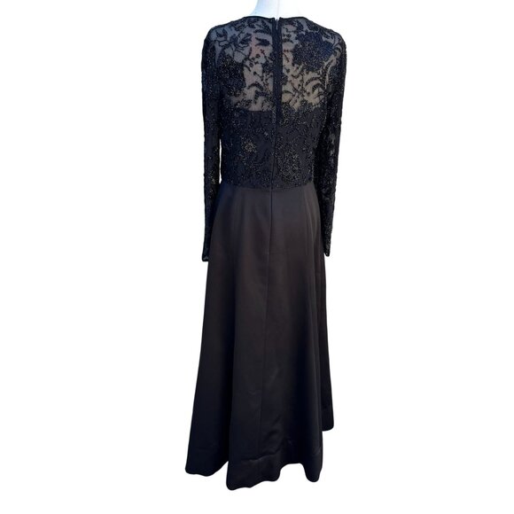 Oleg Cassini Black Tie Black Beaded Evening Gown Sheer Floral Bodice Long Sleeve - Picture 4 of 14
